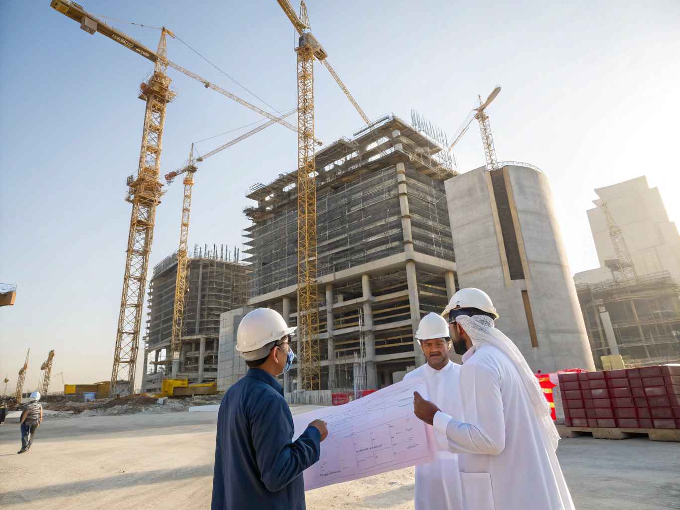 Construction site with professional engineers and workers