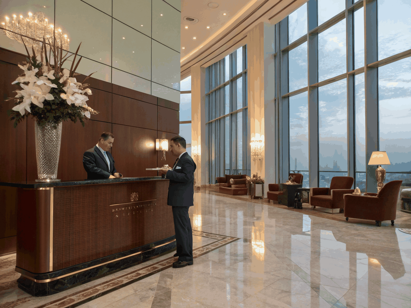 Professional hospitality staff in a luxury hotel setting