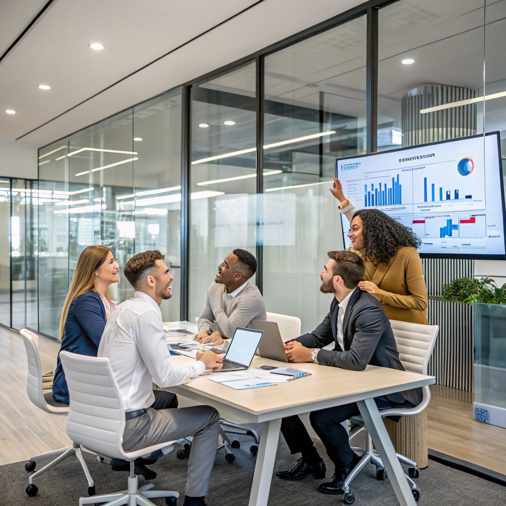 Corporate growth strategy meeting with data visualization